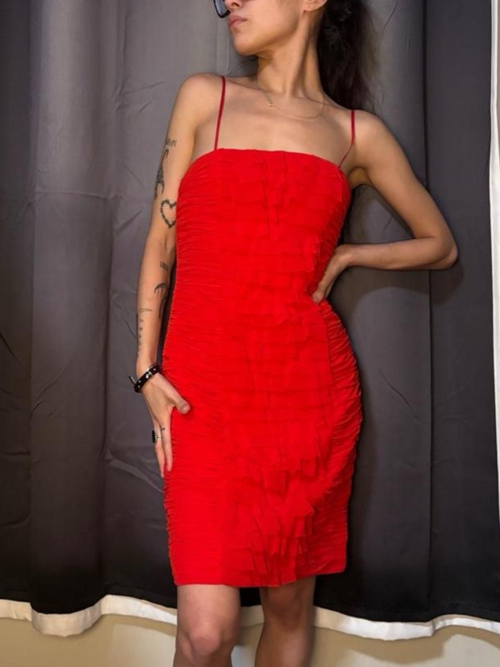 Red Ruffled Cache Dress - Picture 2 of 7